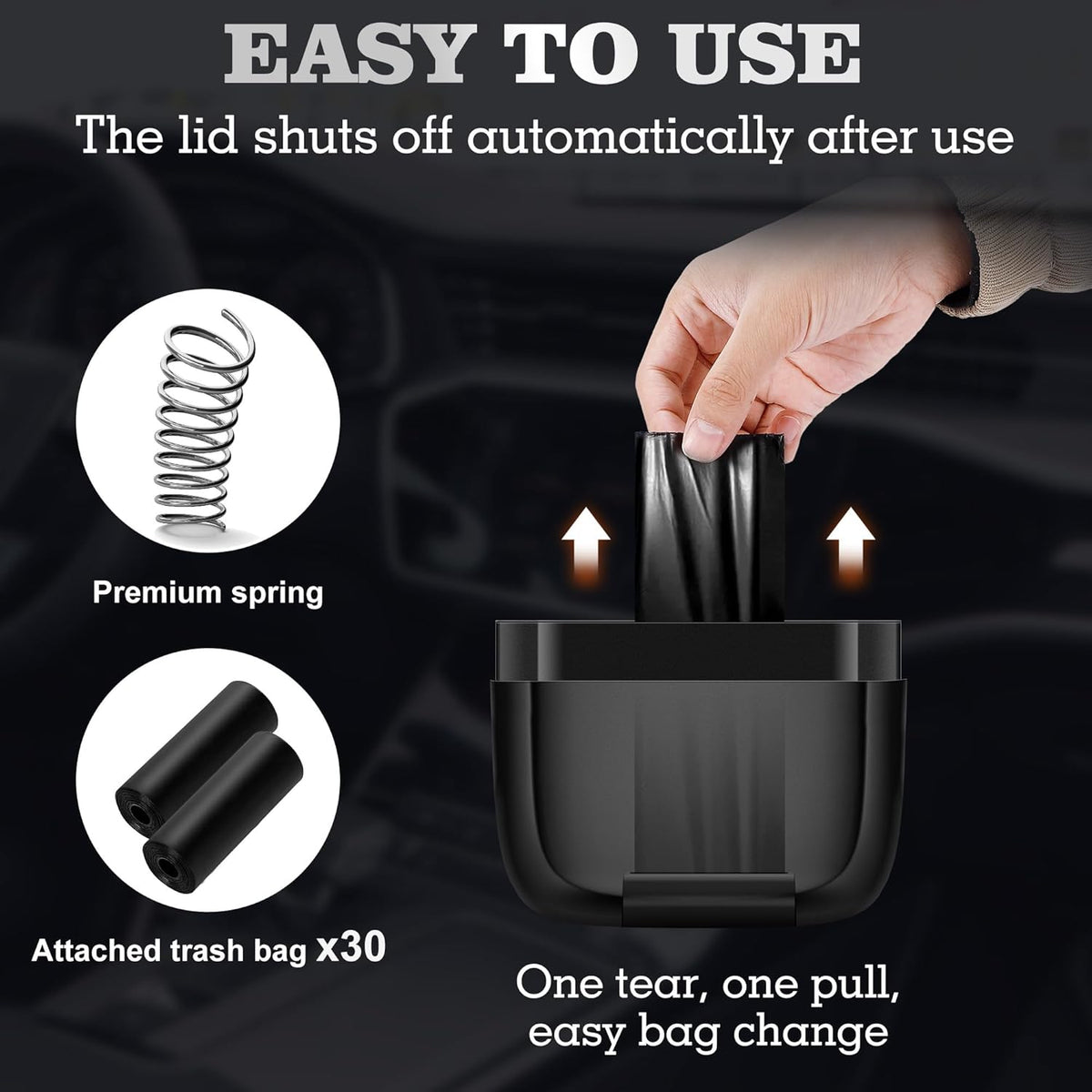 2 Packs Car Trash Can with Lid，Built-in Storage Garbage Bag，Leakproof Vehicle Trash，Car Accessories for Interior,Mini Garbage Bin for Automotive, Office, Kitchen,Bedroom，with 60pcs Trash Bags