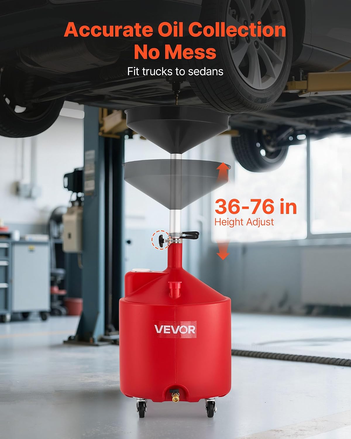 VEVOR Oil Drain Container, 20 Gallon Waste Oil Drain Tank, Portable Oil Lift Drain Pan Air Operated Drainer, Fluid Fuel Drainage Adjustable Funnel Height with Pressure Regulating Valve & Wheel
