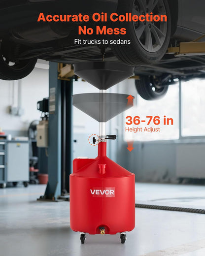 VEVOR Oil Drain Container, 20 Gallon Waste Oil Drain Tank, Portable Oil Lift Drain Pan Air Operated Drainer, Fluid Fuel Drainage Adjustable Funnel Height with Pressure Regulating Valve & Wheel