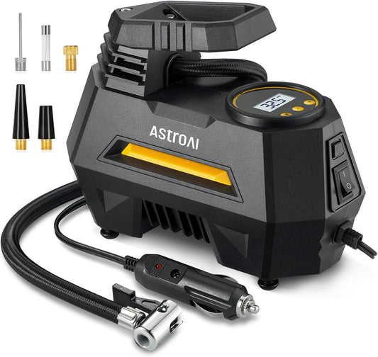 AstroAI AIRUN H Tire Inflator Portable Air Compressor,Fast Inflation Electric Air Pump for Car Tires-Car Accessories,9.8Ft Cord-12VDC-Powered Auto Shut-Off with Digital Pressure Gauge,LED Light,Yellow