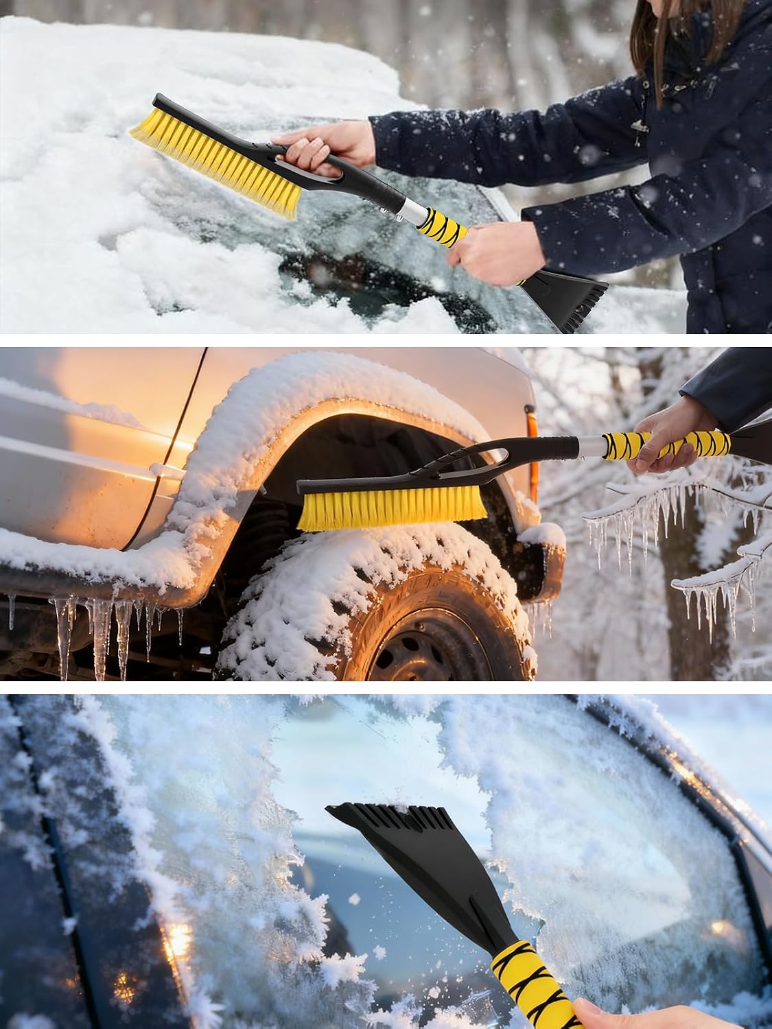 MIKKUPPA 27'' Snow Brush and Ice Scrapers for Car Windshield - Detachable Windshield Scraper, Snow Removal Tool with Curved Connector & Ergonomic Foam Grip for Cars, Trucks, SUVs (Yellow)