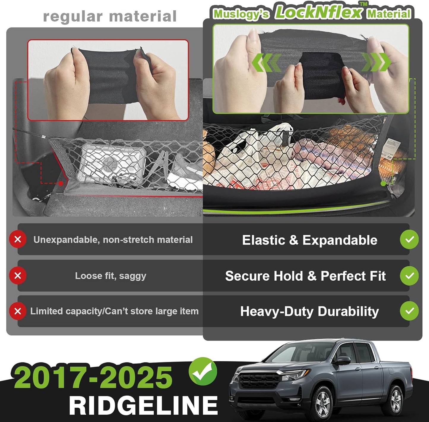 Muslogy Truck Bed Cargo Net Trunk Netting Compatible with 2023-2025 2026 Honda CR-V Accessories, Pickup Cargo Organizer SUV Sedan Storage Net w/Heavy Duty Carabiners - Colors B