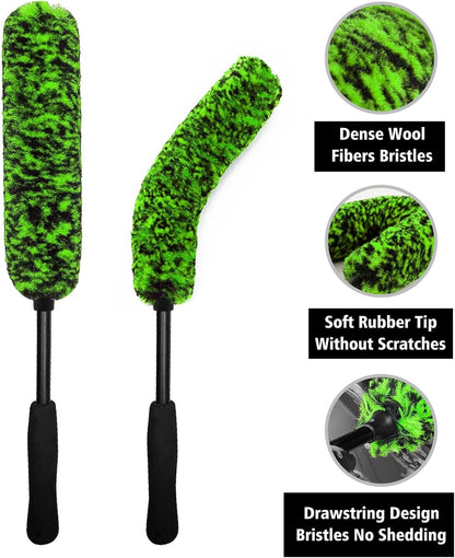 YeewayVeh 3PCS Quick Car Wheel Brush Kit, 2-Size 360° Bendale Rim Cleaner Brushes, Boars Hair Detailing Brush, Fast Scratch-Free Cleaning for Car Wheels, Motorcycle, Green