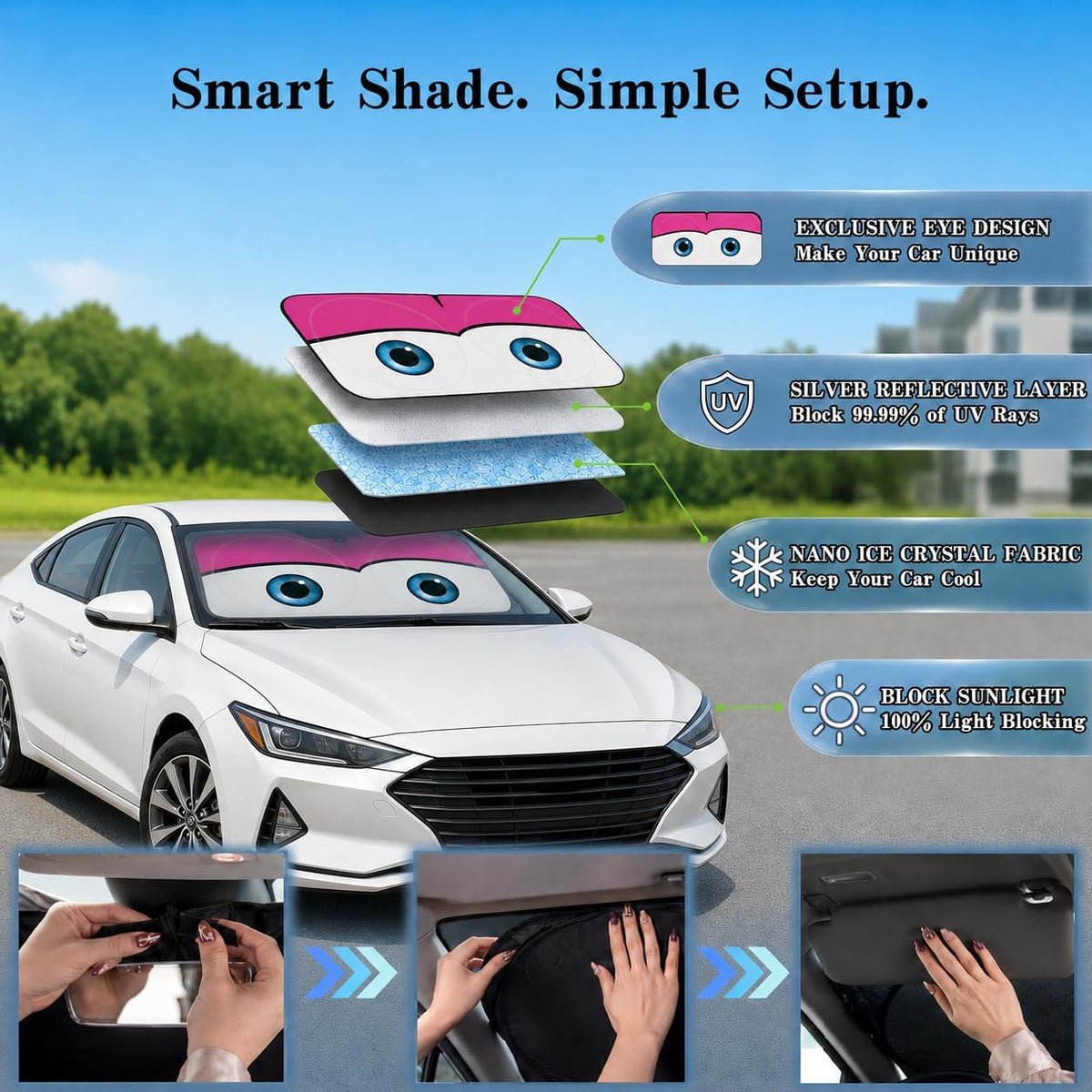 Car Windshield Sun Shade, Funny Cartoon Eyes Sun Visor for Car Windshield Universal Fits Sedan Compact Car Hatchback SUV, UV Heat Protection - 59 x 27.5