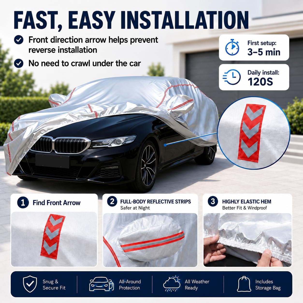 Car Cover for Sedan, Waterproof All Weather Heavy Duty, 360° Underbody Wrap Windproof Design, Quick Install Outdoor Vehicle Cover, Fits 186-193 in