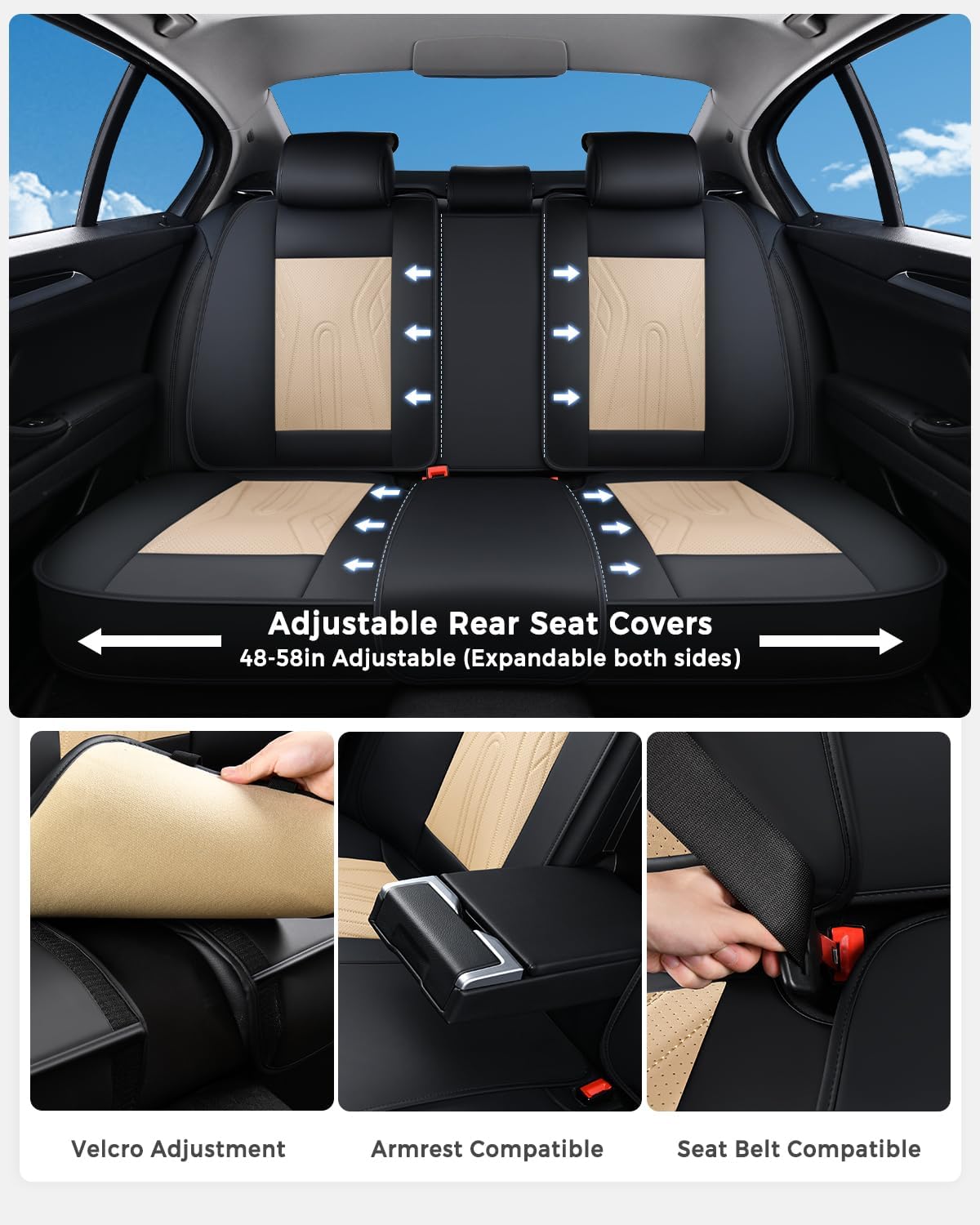 Huidasource Coffee Seat Covers Full Set, Universal Fit for Most Cars Trucks SUV, Full Coverage Leather Seat Cover, Airbag, Cupholder Compatible, Velcro Adjustable, Heaating/Cooling Function Retain