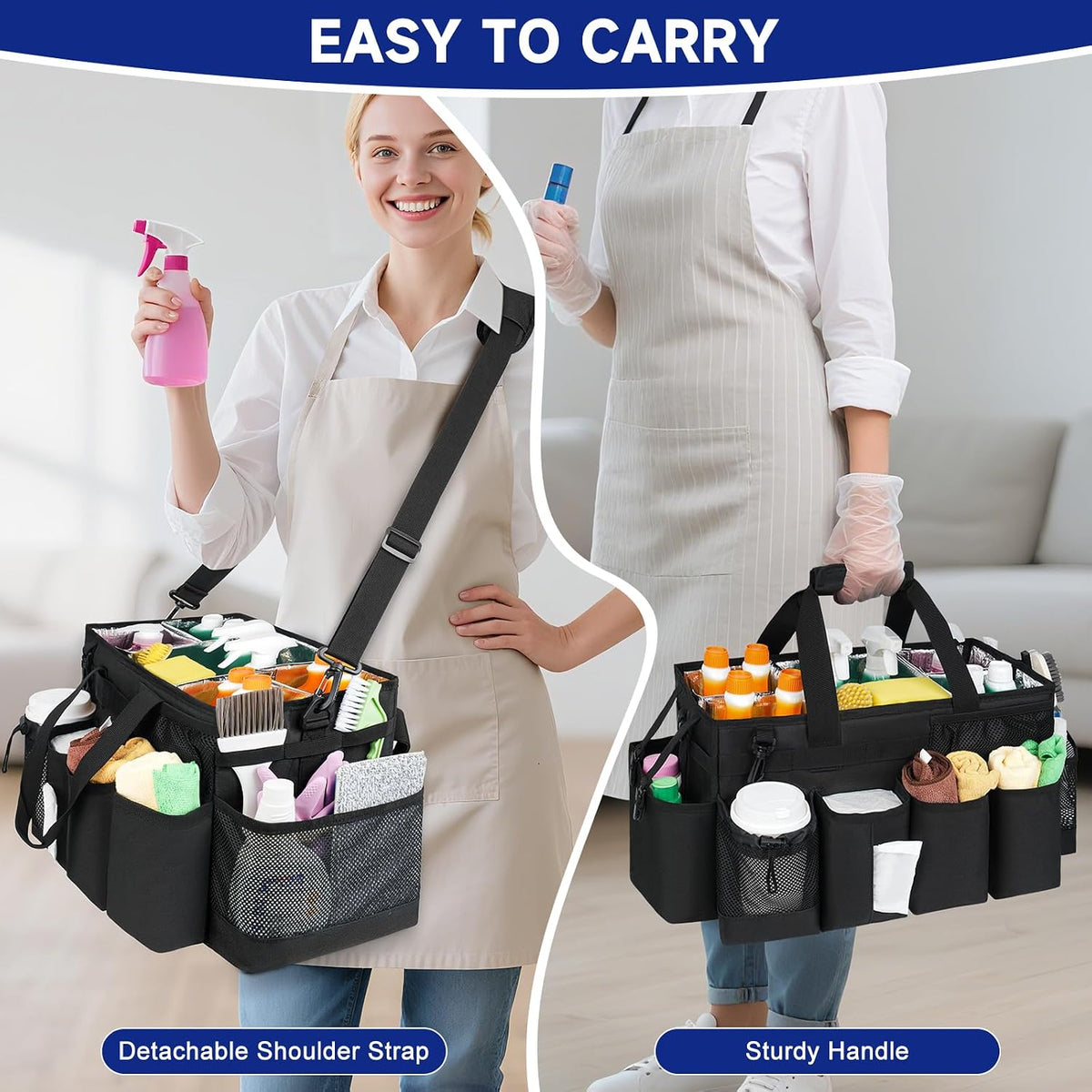 Cleaning Caddy Bag, Cleaning Supplies Organizer for Housekeepers, Housekeeping Caddy with Handle and Detachable Padded Cushion, Black