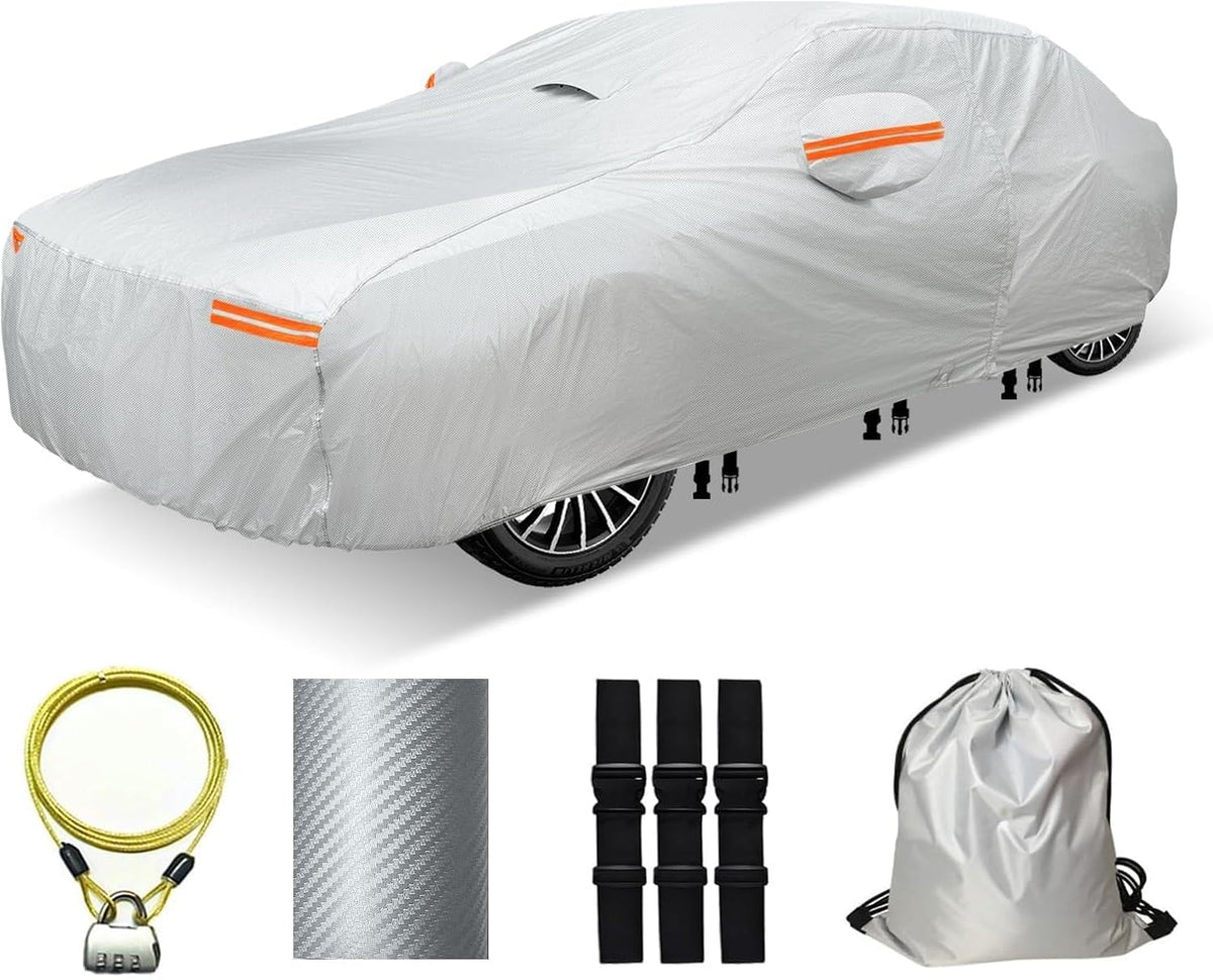 30 Layers Car Cover for Automobiles All Weather Waterproof, Outdoor Snowproof UV Protection Windproof, Door Zipper, Soft Cotton, Heavy Duty Universal Car Covers, (Silver, Fit Sedans 171"-180")