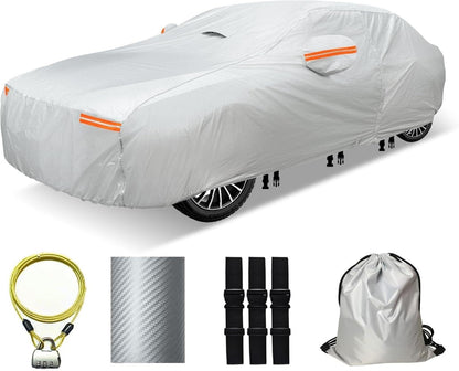 30 Layers Car Cover for Automobiles All Weather Waterproof, Outdoor Snowproof UV Protection Windproof, Door Zipper, Soft Cotton, Heavy Duty Universal Car Covers, (Silver, Fit Sedans 171"-180")