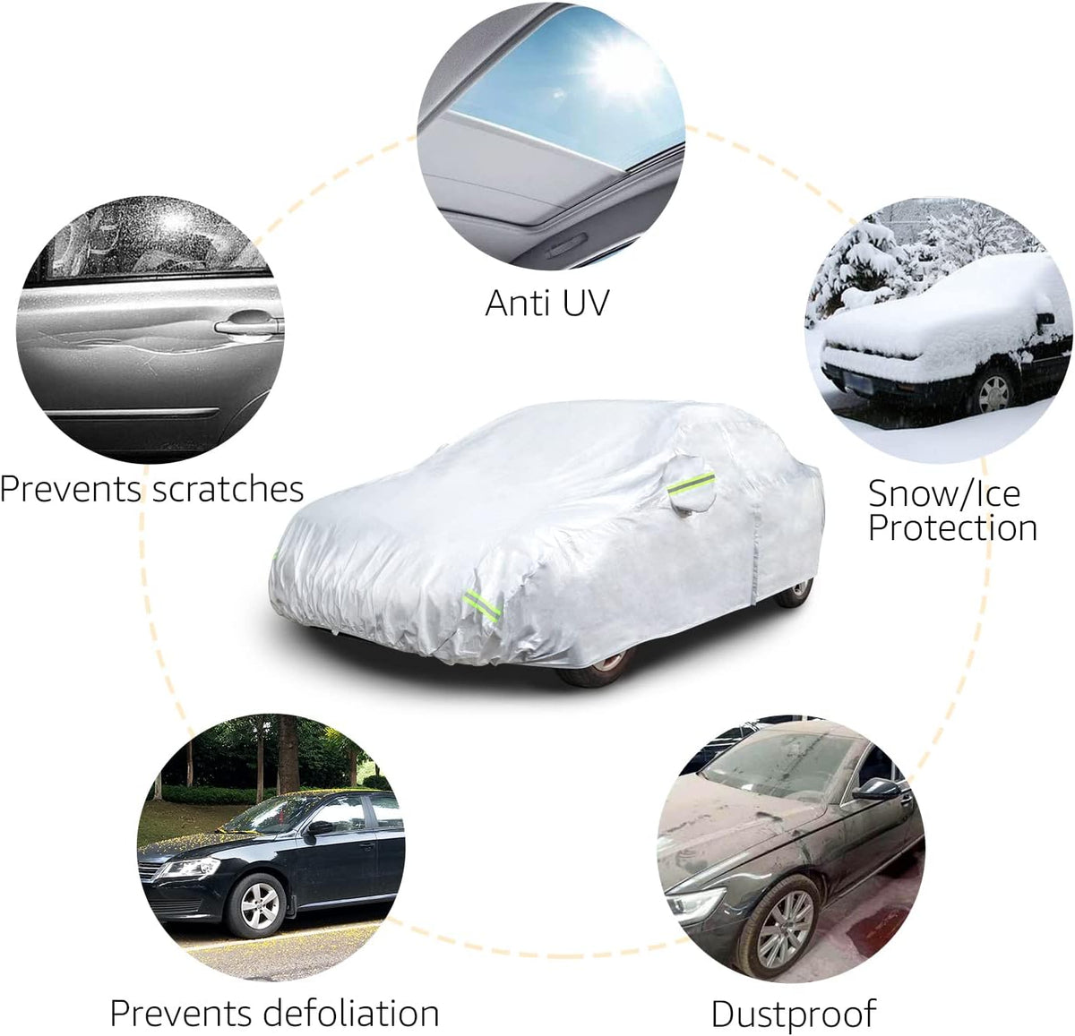 Amazon Basics Silver Weatherproof Car Cover, 150D Oxford, UV Protection, Snow Protection, Dustproof for Sedans up to 200", with Door Zipper
