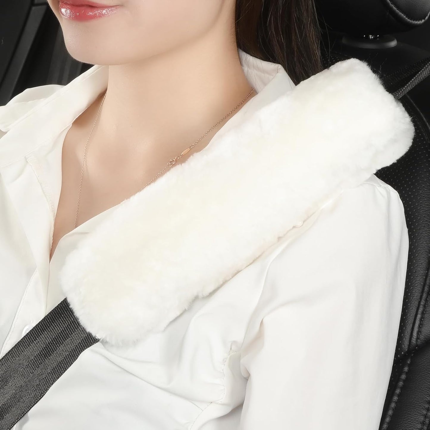 AOGELAN 2 Pack Black Fluffy Fuzzy Genuine Sheepskin Car Seat Belt Cover Pad, Seatbelt Cushion for Soft Auto Lambswool Shoulder Strap Cushion Adults (2, Black)