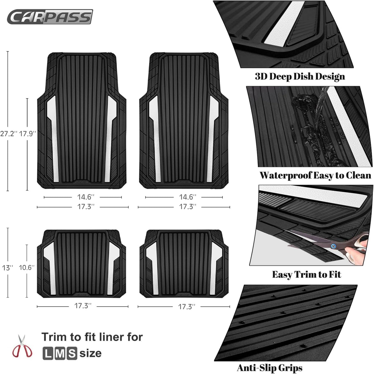 CAR PASS Heavy Duty Rubber Car Mats Metallic, Aluminum Film All Weather Floor Mats Waterproof Universal Trim to Fit Automotive SUV Sedan Van 4 Piece Anodized Deep Dish Two-Tone Sporty Black Red Chrome