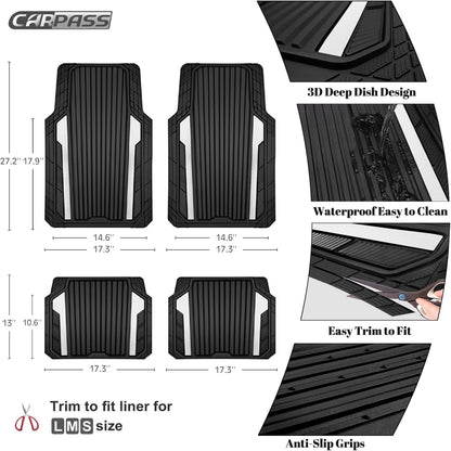 CAR PASS Heavy Duty Rubber Car Mats Metallic, Aluminum Film All Weather Floor Mats Waterproof Universal Trim to Fit Automotive SUV Sedan Van 4 Piece Anodized Deep Dish Two-Tone Sporty Black Red Chrome