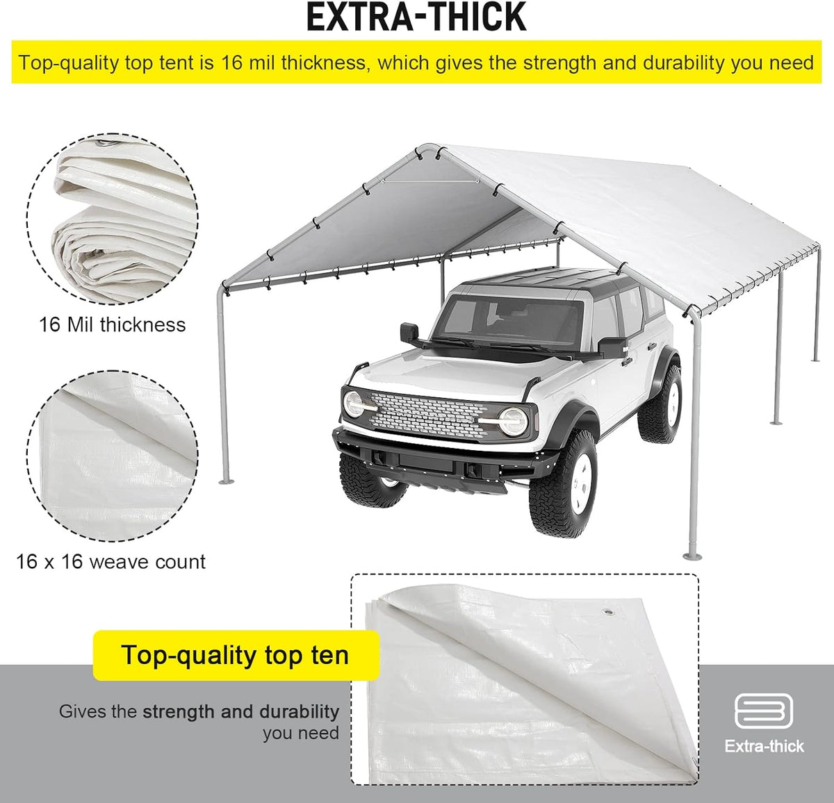 10 x 20 Ft Carport Replacement Canopy Cover Garage Top Tent Shelter Tarp with Free 48 Ball Bungee Cords,White(Only Cover, Frame Not Include)