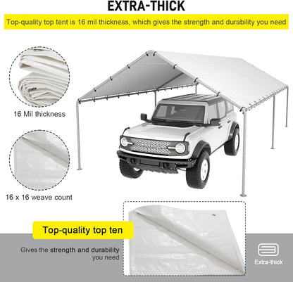 10 x 20 Ft Carport Replacement Canopy Cover Garage Top Tent Shelter Tarp with Free 48 Ball Bungee Cords,White(Only Cover, Frame Not Include)