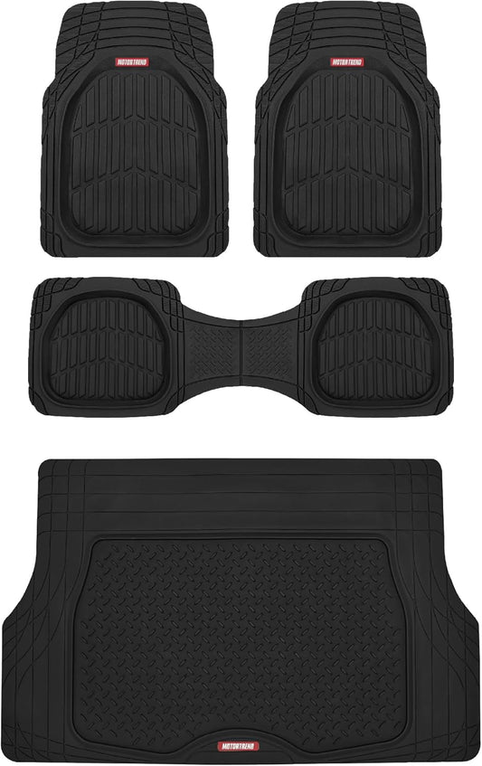 Motor Trend Original FlexTough Black Rubber Car Floor Mats with Cargo Liner - All Weather Automotive Floor Mats, Heavy Duty Trim to Fit Design, Odorless Floor Liners for Cars Truck Van SUV
