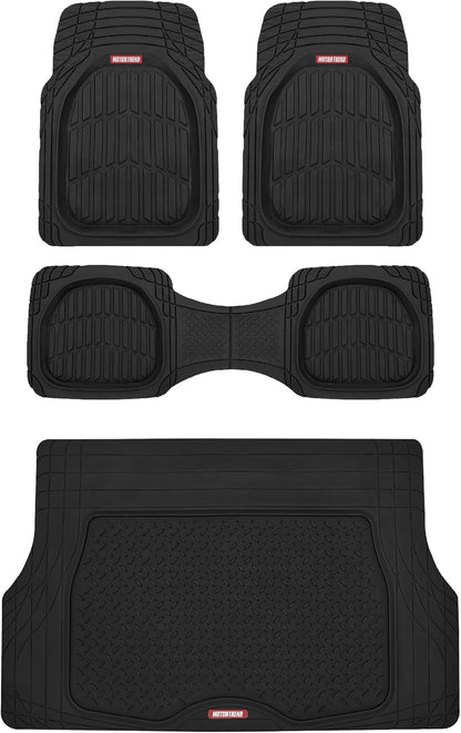 Motor Trend FlexTough 4-Piece Heavy Duty Floor Mats for Cars Trucks SUVs, Automotive Floor Mats Car Mats Full Set Front, Rear & Cargo, Trim-To-Fit Semi-Custom Deep Dish All Weather Rubber Mats - Black