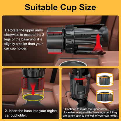 Cup Holder Expander (Adjustable Holder & Base, Auto-Fit Hold, One Button Open), Car Cup Holder Expander for Yeti, Hydro Flask, Nalgene, Owala, Bottles in 2.6"- 4.8" (Black, 1 Pack)