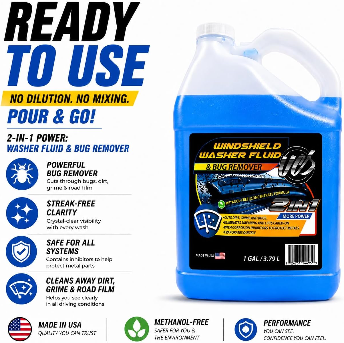 UCS 2-in-1 Windshield Washer Fluid 2-Pack (1 Gallon Each, 256 fl oz Total) – Ready to Use, Streak-Free Formula, All-Weather Cleaning, Removes Bugs, Dirt & Road Grime – Premium Windshield Cleaner