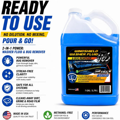 UCS 2-in-1 Windshield Washer Fluid 2-Pack (1 Gallon Each, 256 fl oz Total) – Ready to Use, Streak-Free Formula, All-Weather Cleaning, Removes Bugs, Dirt & Road Grime – Premium Windshield Cleaner