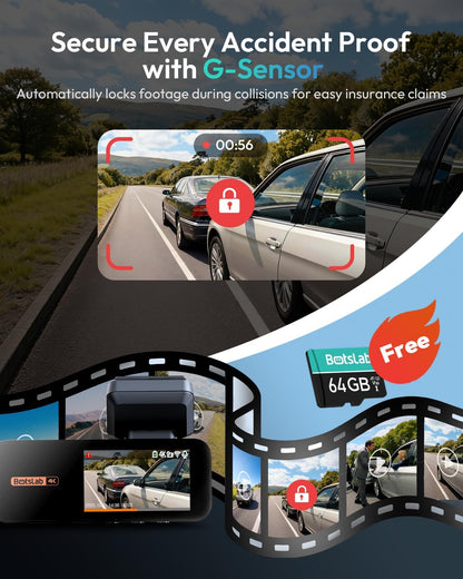 BOTSLAB 4K Dash Cam Front and Rear, 170° Ultra Wide 4K+2K Dashcam with ADAS, Night Vision, 24/7 Parking Mode, IMX415 STARVIS Sensor, WDR, 5.8GHz WiFi, Built-in GPS, Loop Recording (No SD Card)