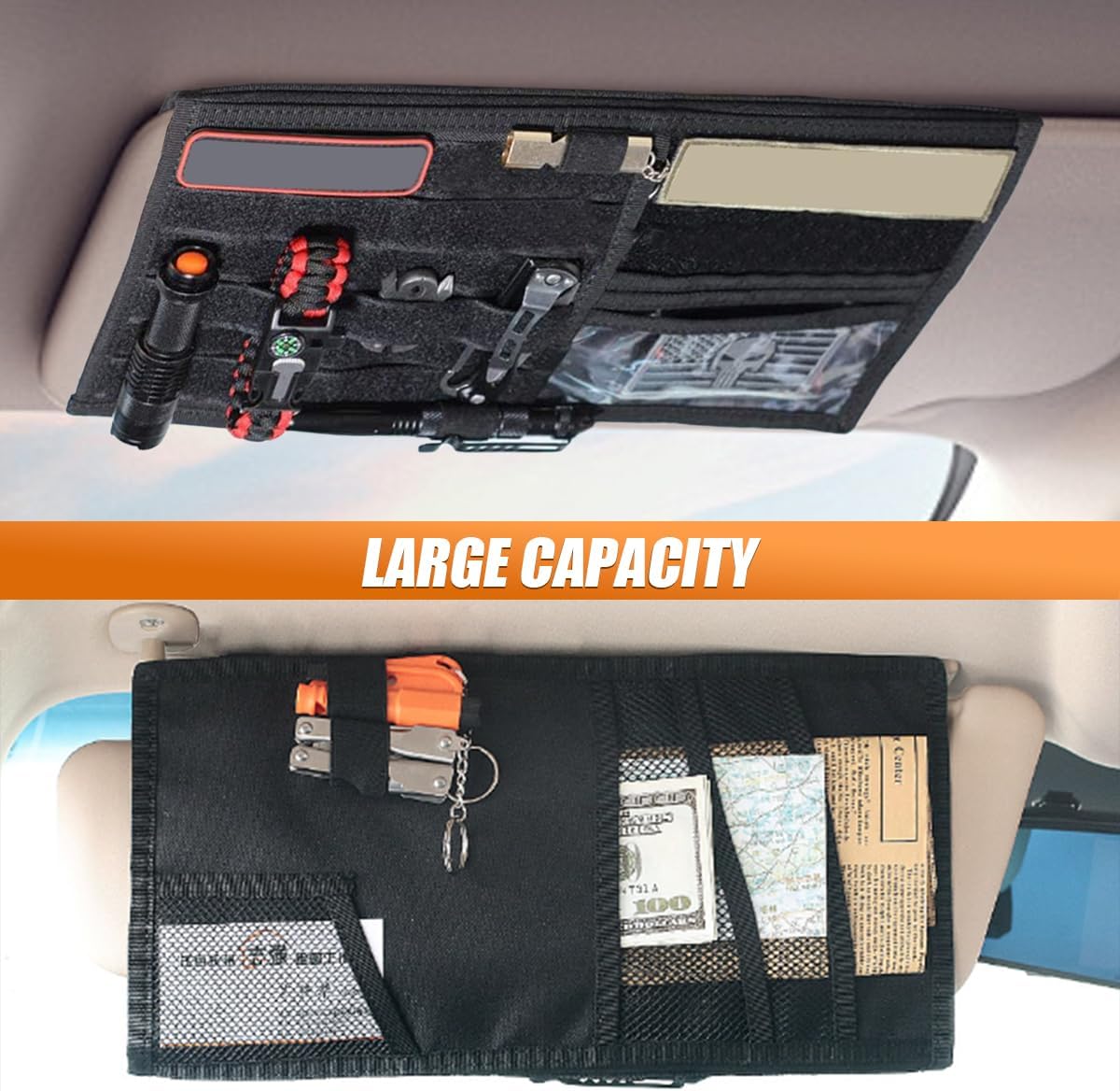 ZIMISI Tactical Molle Car Visor Organizer, 600D Oxford Cloth Truck Visor Molle Panel Sunshade Storage Pouch Holder with Multi-Pocket, Tactical Gear Car Sun Visor Organizer for Most Cars (Black)