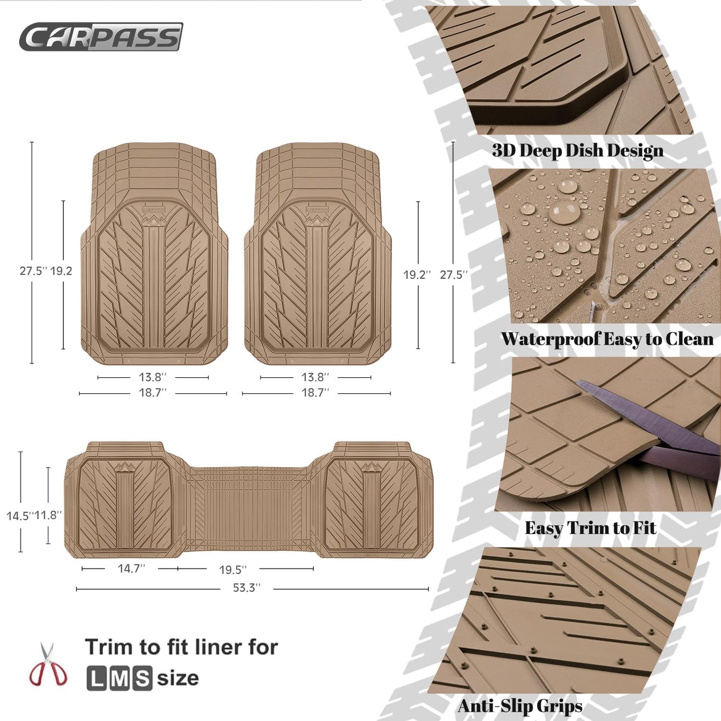 CAR PASS Heavy Rubber Car Floor Mats, Deep Waterproof Car Mats All Weather, Universal Trim-to Fit Automotive Floor Mats for Car SUV Truck Van, Durable Floor Liners Solid Black