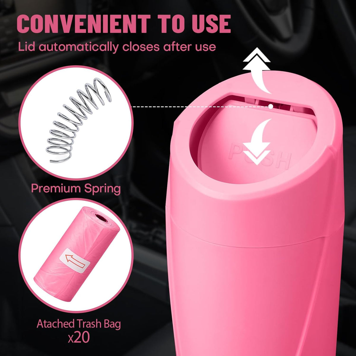 Car Trash Can Bin with Lid - Car Garbage Can Cup Holder - Pink Mini Leakproof Vehicle Garbage Bin with 20pcs Trash Bags - Automobile Organizers and Storage for Front Back Seat Accessories