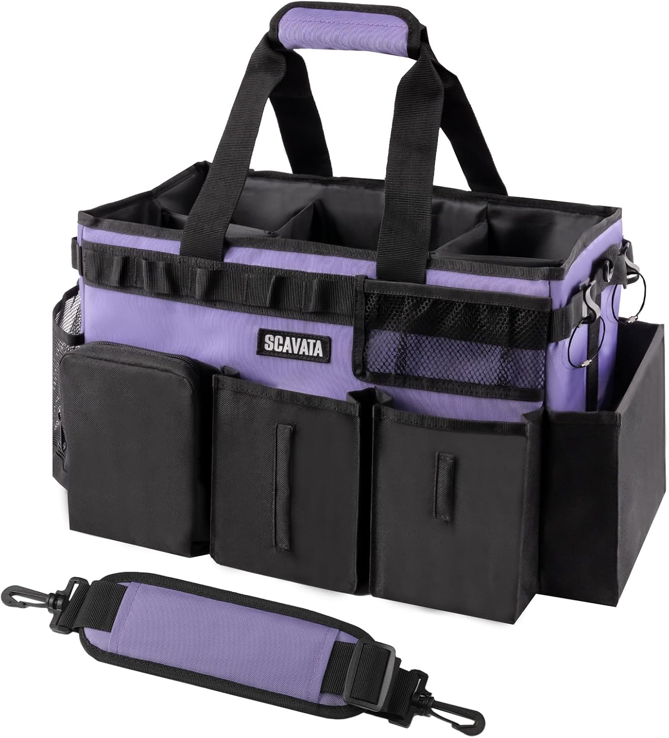 SCAVATA Wearable Cleaning Caddy Bag, Supplies Organizer with Handle & Shoulder Straps for Housekeepers, Under Sink & Car Cleaning Tool Organizer with 4 Foldable Dividers (Black)