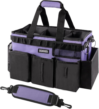SCAVATA Wearable Cleaning Caddy Bag, Supplies Organizer with Handle & Shoulder Straps for Housekeepers, Under Sink & Car Cleaning Tool Organizer with 4 Foldable Dividers (Black)
