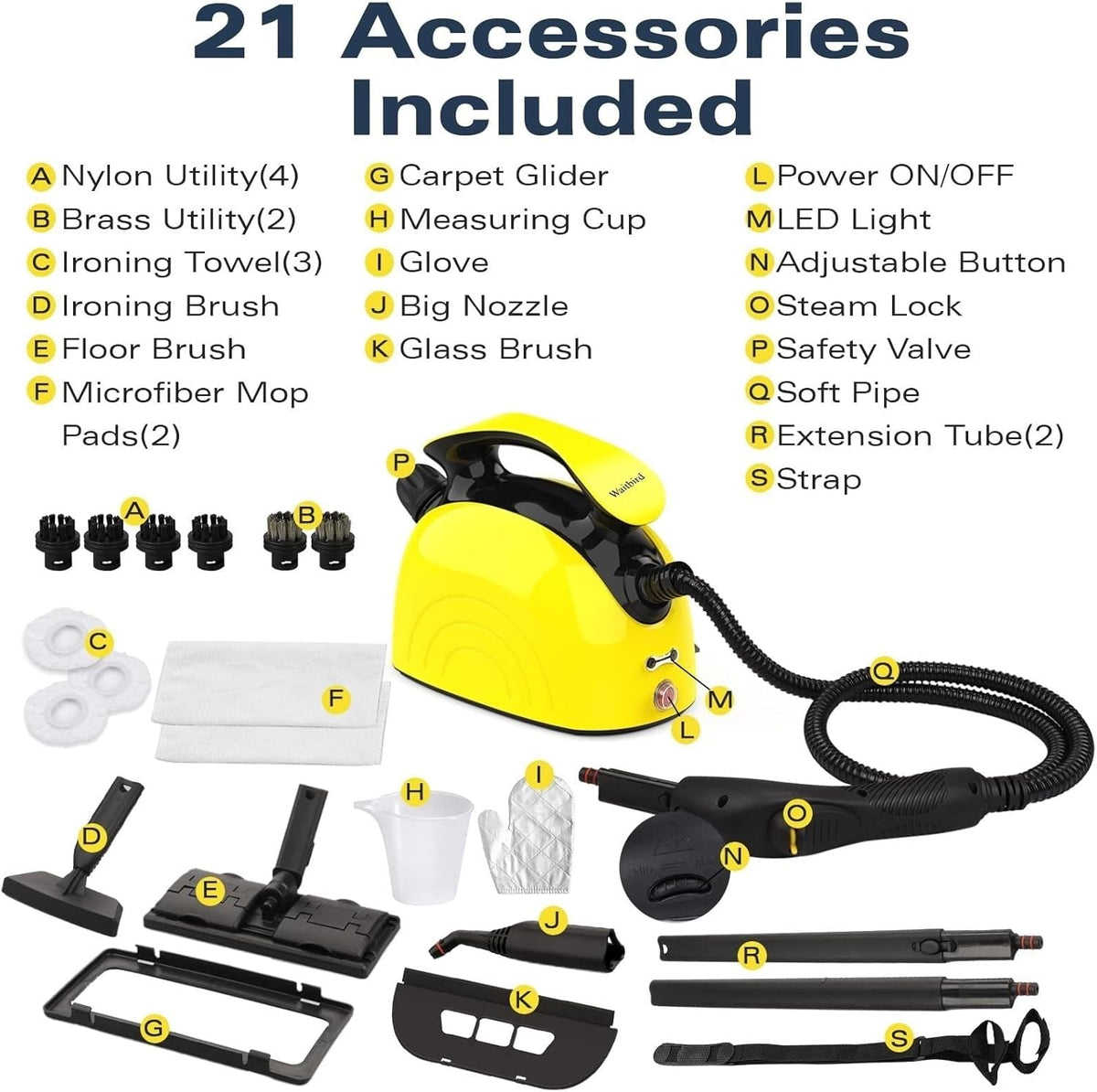 Waitbird Steam Cleaner, Steam Cleaner For Home,Handheld Steam Cleaner With 21 Accessories,248 ° F High Temperature,Suitable For Floors,Sofas,Interior Decoration,Barbecue Grills,Mop Replacement Parts