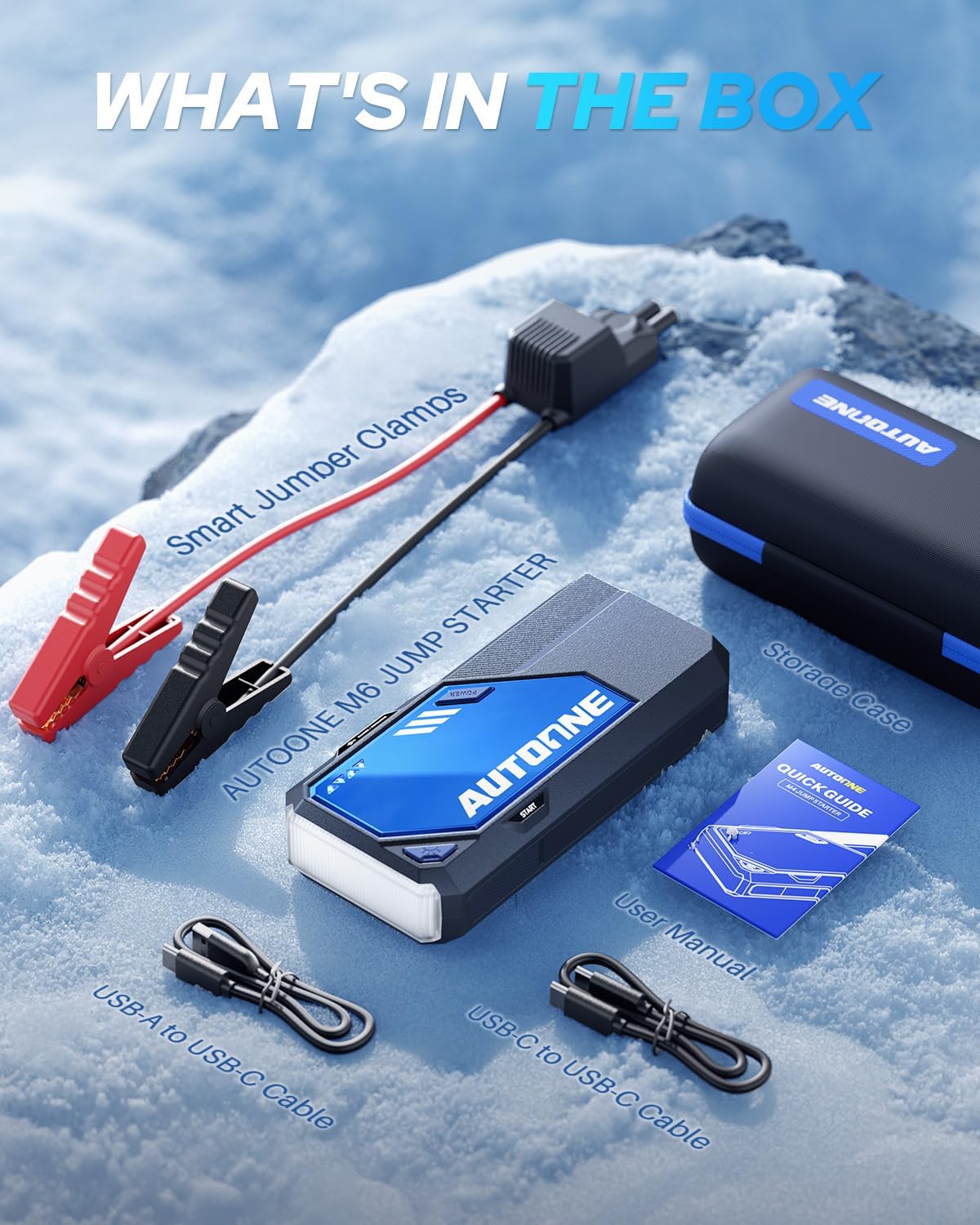 AUTOONE 6000A Car Battery Jump Starter Up to All Gas & 12L Diesel Engine, Car Battery Jumper Starter Portable 12V Jump Box with USB Output, Storage Case, LED Flashlight