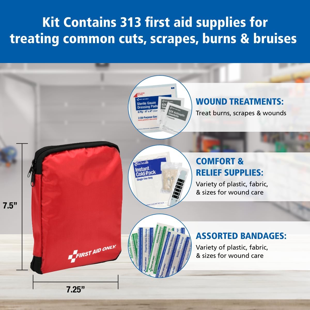First Aid Only 298 Piece All-Purpose Emergency First Aid Kit for Home, Office, Car, Apartment, Dorm, and Camping, Travel-Friendly Compact Pouch Fits in Backpacks, Suitcases, Cabinets, and Drawers