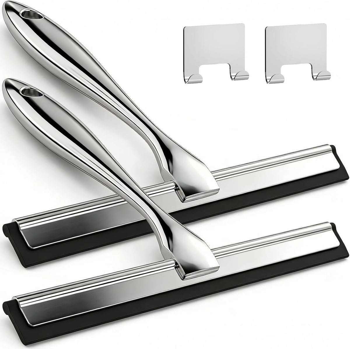 ALFLOD 2PACK Shower Squeegee for Glass Doors, Squeegee for Shower Glass，All-Purpose Tile Walls, Bathroom, Window, Glass and Car Windshield, Mirrors and Kitchen-Stainless Steel, 10 Inches, Silver