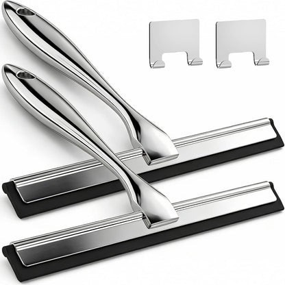 ALFLOD 2PACK Shower Squeegee for Glass Doors, Squeegee for Shower Glass，All-Purpose Tile Walls, Bathroom, Window, Glass and Car Windshield, Mirrors and Kitchen-Stainless Steel, 10 Inches, Silver