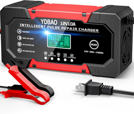 Battery Charger 15A 12V Fully Automatic Smart Trickle Car Battery Charger Maintainer with LCD Display & Temperature Compensation for Car Truck Motorcycle Lawn Mower Boat