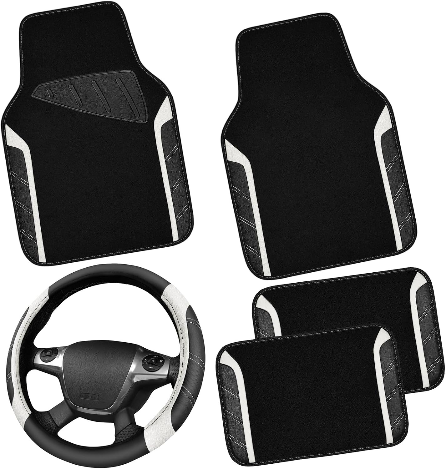 CAR PASS Air Mesh Leather Car Seat Covers Full Set, Waterproof Car Floor Mats, Sporty Steering Wheel Cover 14.5-15in, Universal Fits for 95% Cars Truck SUV (Black and Blue)