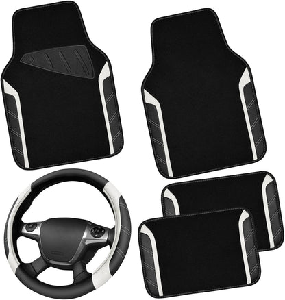 CAR PASS Air Mesh Leather Car Seat Covers Full Set, Waterproof Car Floor Mats, Sporty Steering Wheel Cover 14.5-15in, Universal Fits for 95% Cars Truck SUV (Black and Blue)