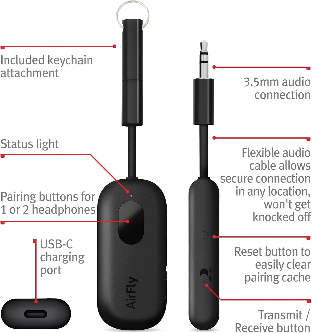 AirFly Pro 2 Deluxe – Bluetooth Adapter for Airplane, Pair 2 AirPods or Wireless Headphones – 3.5mm AUX Bluetooth Transmitter/Receiver for Cars, Boats, Treadmills, TVs – Airplane Travel Essentials