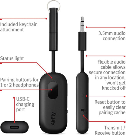 AirFly Pro 2 Deluxe – Bluetooth Adapter for Airplane, Pair 2 AirPods or Wireless Headphones – 3.5mm AUX Bluetooth Transmitter/Receiver for Cars, Boats, Treadmills, TVs – Airplane Travel Essentials
