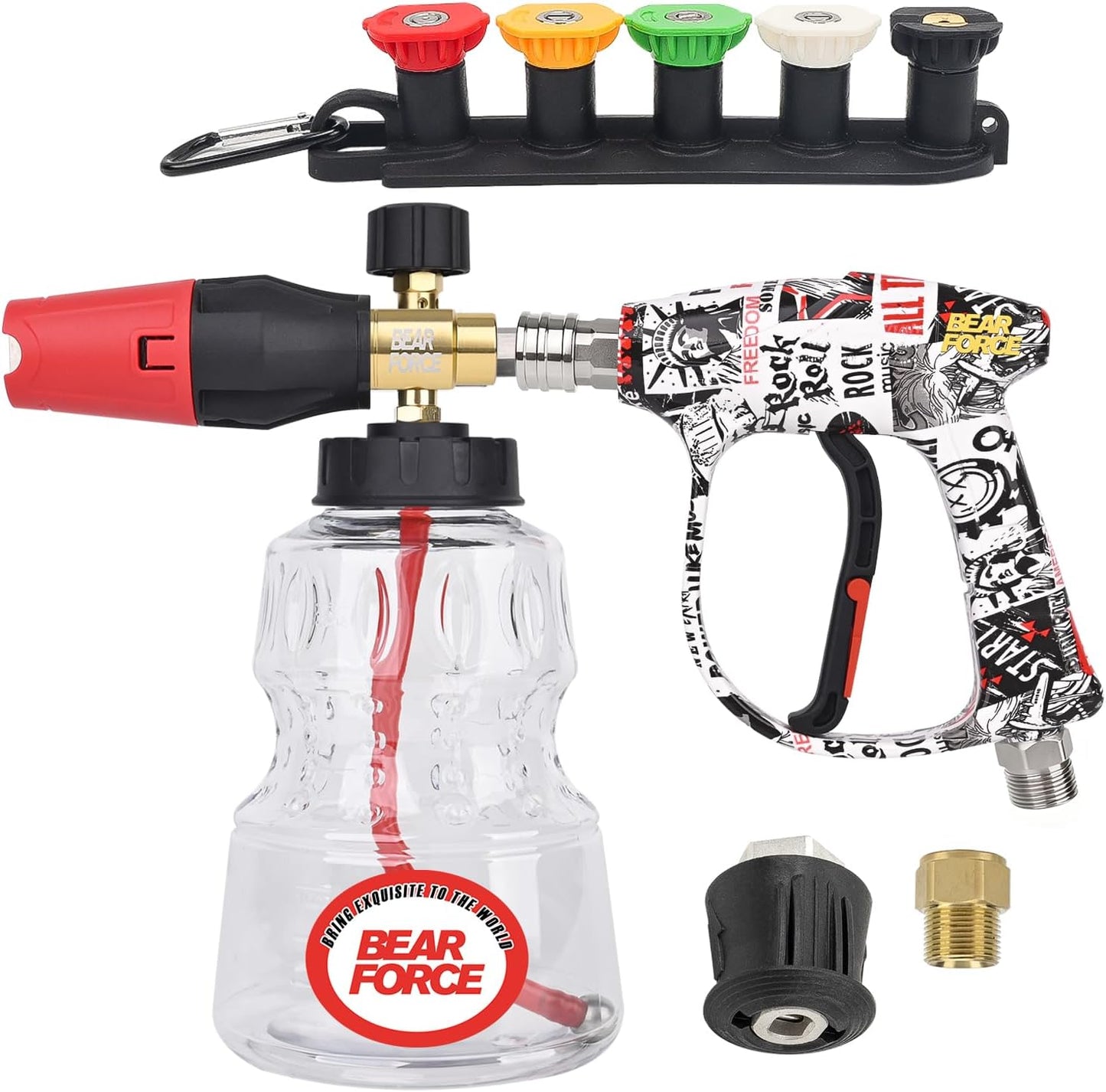BEAR FORCE Pressure Washer Short Spray Gun M22-ID14mm Max 3000 PSI & Foam Cannon Foam Gun with 5 Tips #035 & 3/8'' Quick Connector Swivel, Additional Orifice Nozzle 1.10mm, Car Care Detailing