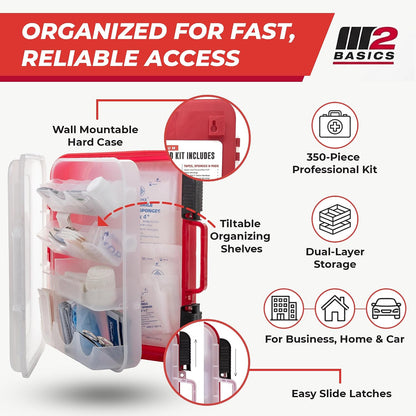 M2 BASICS 350 Piece Professional Wall-Mount First Aid Kit, Home, Business | Dual-Layer Hard Case, Office, Warehouse, Jobsite, Garage, Vehicle, Workplace Safety, Classroom And Emergency Readiness