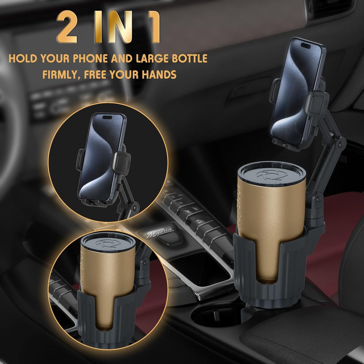 bokilino Phone Holders for Your Car, 2 in 1 Universal Cup Holder Expander Adjustable Base with Phone Mount, Long Arm with 360°Rotation Cup Holder Phones Mount for Car Compatible with All Smartphones
