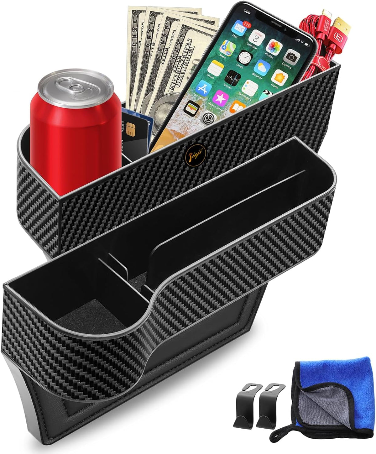 Car Seat Gap Filler, 2 Pack Car Seat Gap Filler Organizer with Cup Holders & 2 Seat Hooks, Car Console Storage Organizer, Car Organizer Front Seat for Storing Phones, Keys, Drinks, Sunglasses