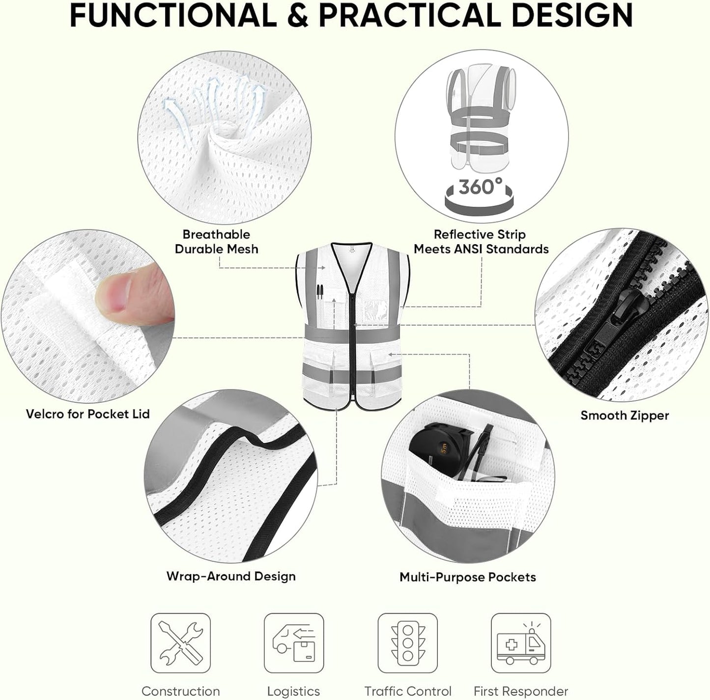 TICONN Reflective Safety Vest High Visibility Class II Mesh Vest for Women & Men Meets ANSI Standards