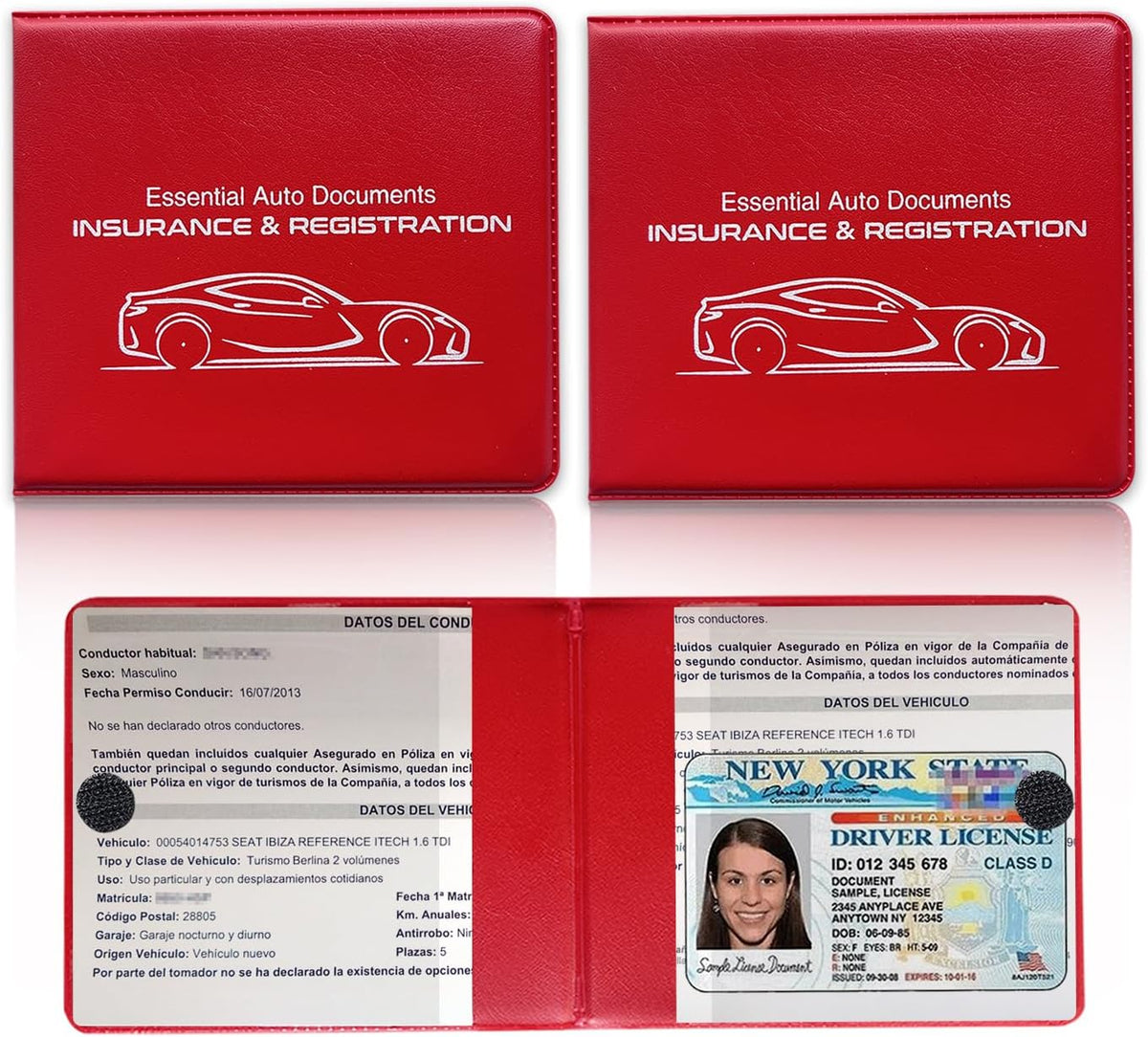 Ziciner Car Registration Insurance Holder, 2Pack Essential Auto Card Document Glove Box Organizer with Touch Fastener, Vehicle Interior Accessories Perfect for Most Car, Truck, SUV (Red/Small Car)