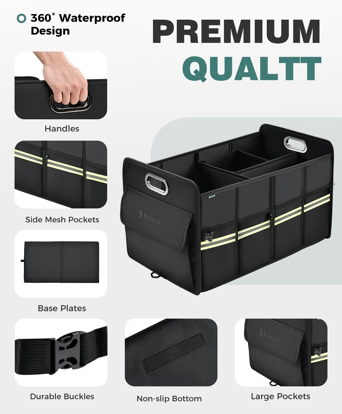 FLORICH Trunk Organizer for Suv, Premium Waterproof Car Organizers and Storage, Collapsible Multi-Compartment Truck Organizer Back Seat Storage for Car