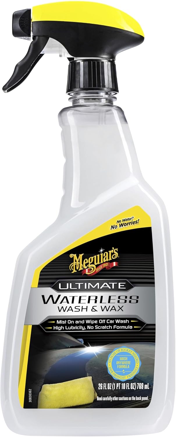 Meguiar's Ultimate Waterless Wash & Wax 6 Pack (6 x 26 oz Bottles) Spray Car Wash and Wax in One Waterless Car Wash Spray for Cars Hose Free Scratch-Reducing Cleaning Clear Coat Safe Exterior Detailer