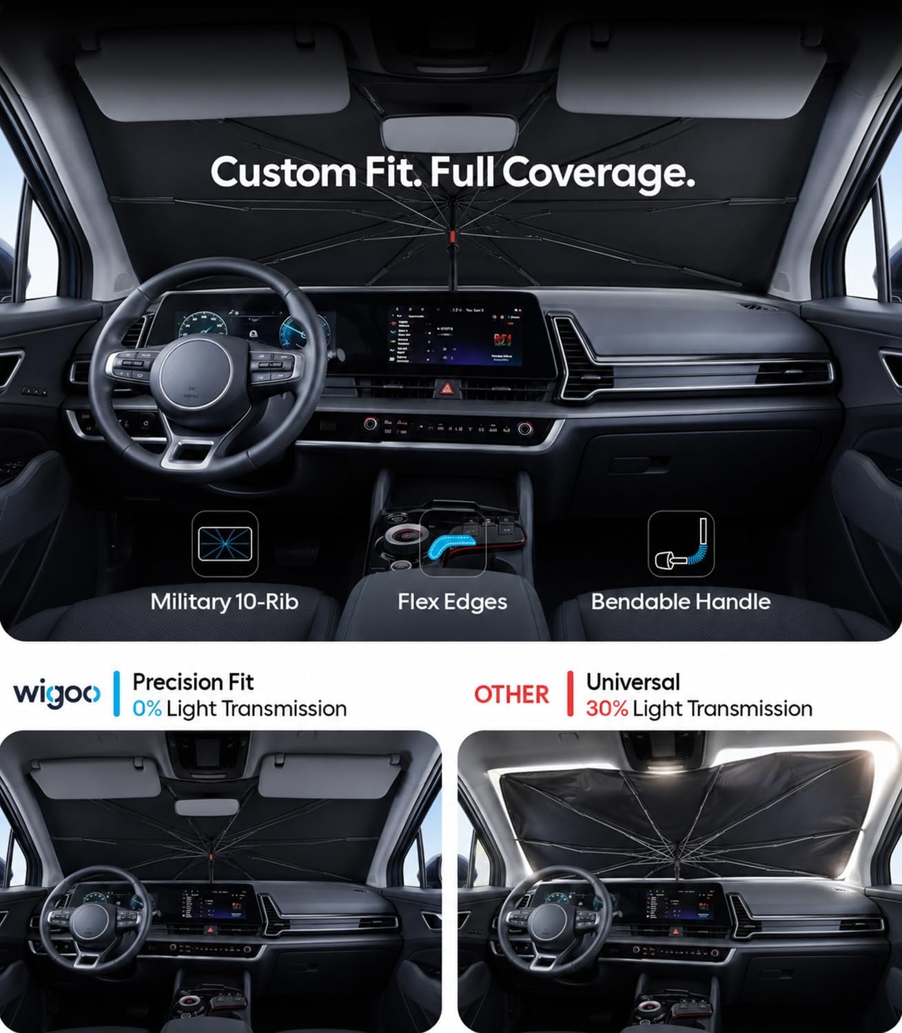 Wigoo Windshield Sun Shade Umbrella for Tesla Model Y [100% Sun Blockage, Ice Cooling Fabric] Foldable Heat Insulation Front Window Sunshade Umbrella for Tesla Model Y 2020–2026 (Juniper)
