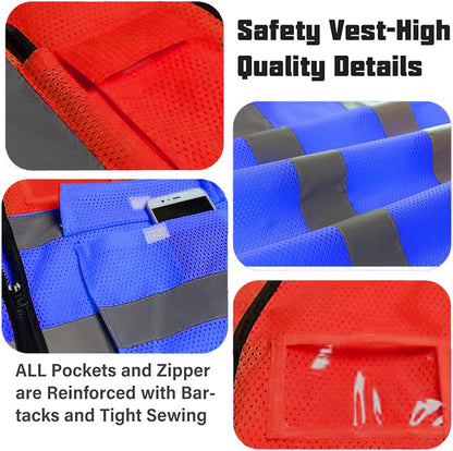 Reflective Mesh Safety Vest, Breathable Hi Vis Vest Construction Work with 5 Pockets and Zipper for Men Women